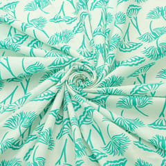 Pearl White Cotton Cyan Leaf Print Fabric