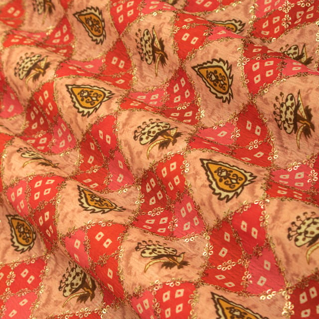 Watermelon Pink Chinon Position Print Sequin Embroidery Fabric