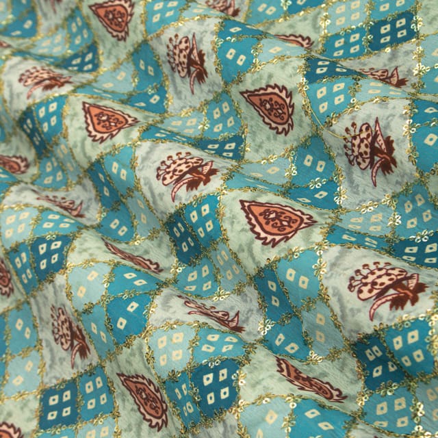 Sky Blue Chinon Position Print Sequin Embroidery Fabric