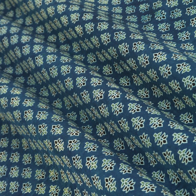 Steel Blue Motif Print Satin Silk Fabric