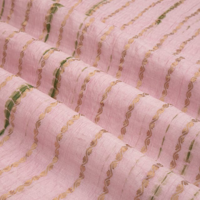 Shibhori Bandhani work with Golden Stripe Zariwork On Baby Pink Brocade Fabric