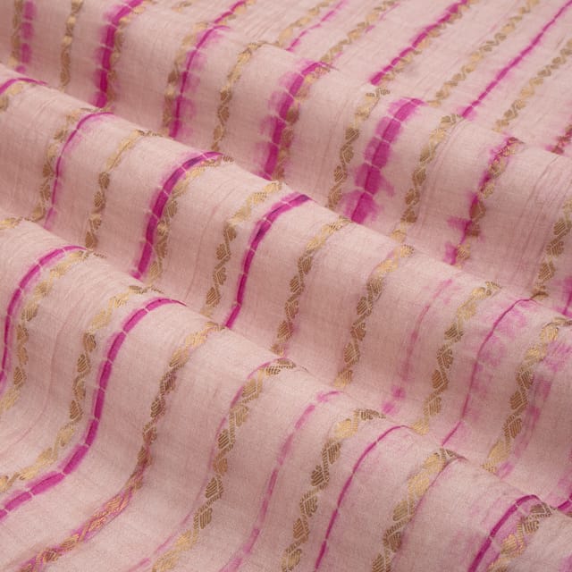 Shibhori Bandhani work with Golden Stripe Zariwork On Taffy Pink Brocade Fabric