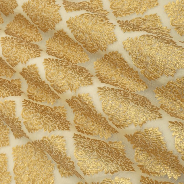 Porcelian White Chanderi Diamond Pattern Golden Zari Brocade Fabric