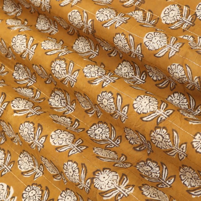 MUstard Yellow Motif Print Kalamkari Lurex Embroidery Fabric