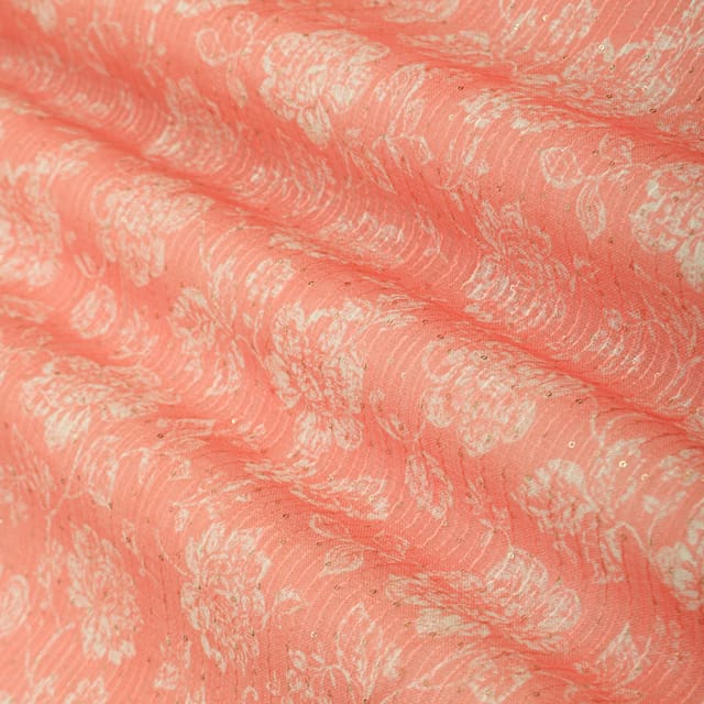 Salmon Pink Linen Floral Print Sequin Embroidery Fabric