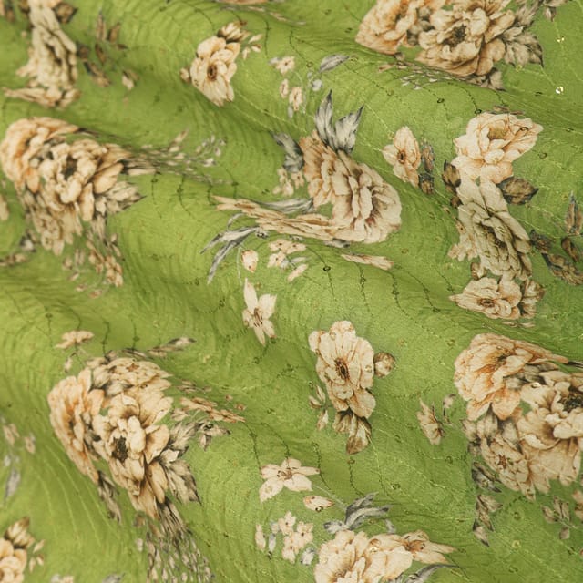 Sheen Green Chinon Floral Print Sequin Embroidery Fabric