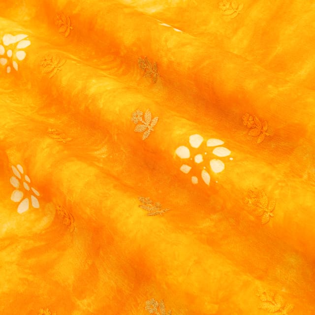 Canary Yellow Batik Print Embroidery Chinon Chiffon Fabric