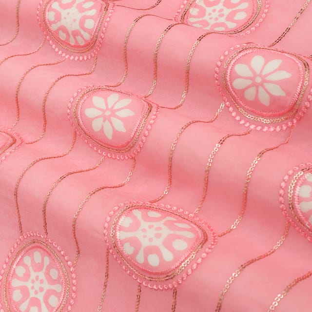 Bubblegum PInk Batik Print Embroidery Georgette Fabric