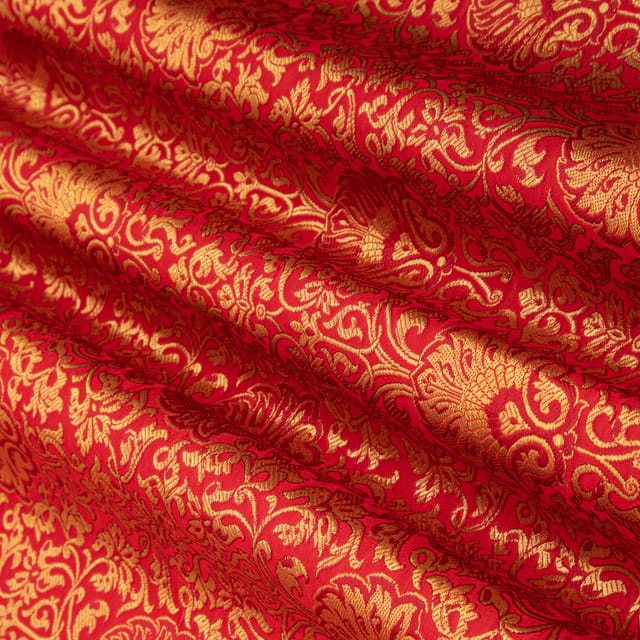 Scarlet Red and Gold Satin kimkhab Fabric