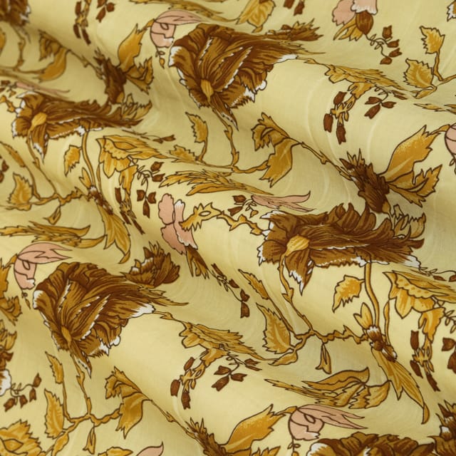 Off White and Beige Floral Print Mulmul Silk Fabric