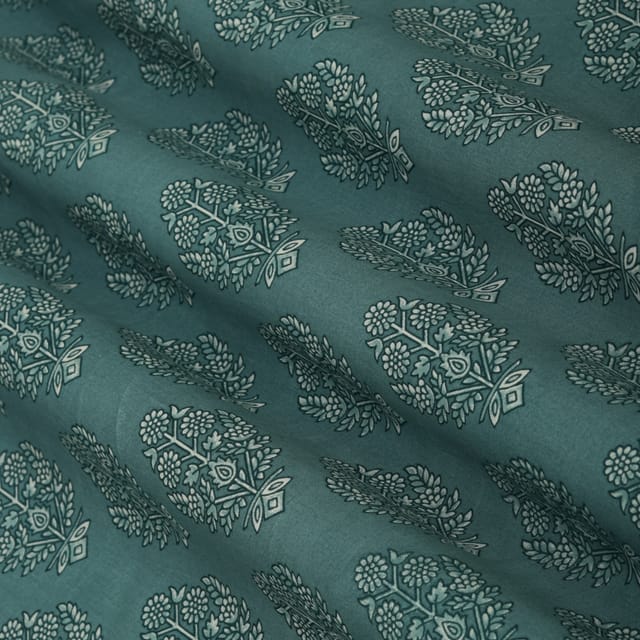 Steel Blue Motif Print Mulmul Silk Fabric