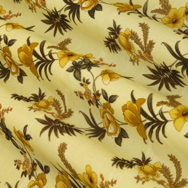 Champagne Cream and Yellow Floral Print Mulmul Silk Fabric