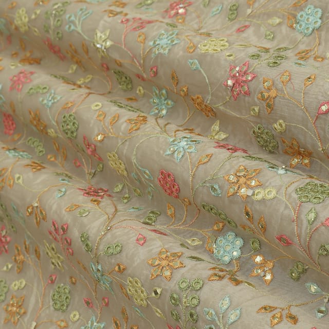 Ivory Chinon Muticolour Floral Sequin Embroidery Fabric