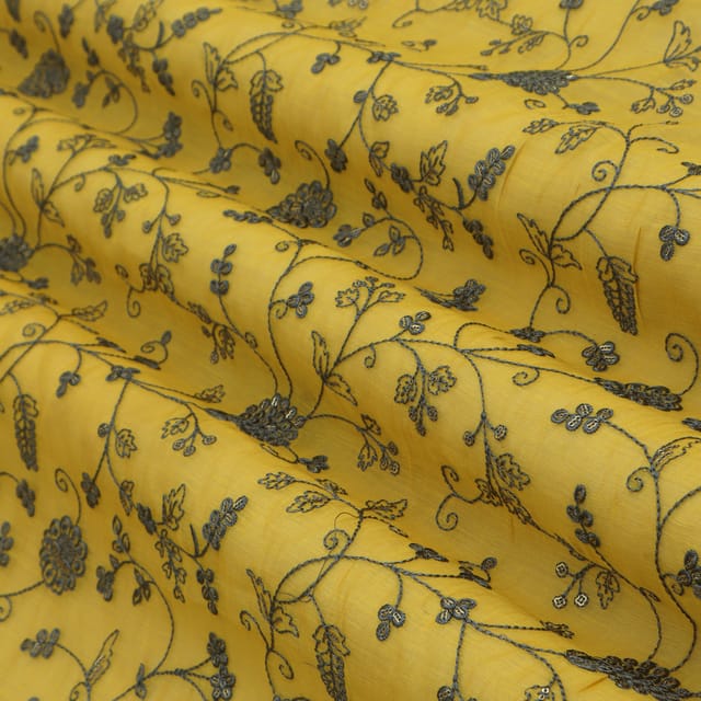 Bright Yellow Cotton Chanderi Floral Threadwork Sequin Embroidery Fabric