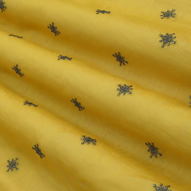 Bright Yellow Cotton Chanderi Floral Threadwork Embroidery Fabric