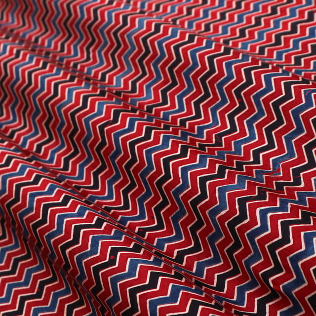 Brick Red and Blue Zig-Zag Print Satin Silk Fabric
