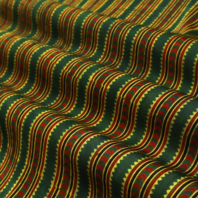 Emerald Green and Yellow Stripe Print Satin Silk Fabric