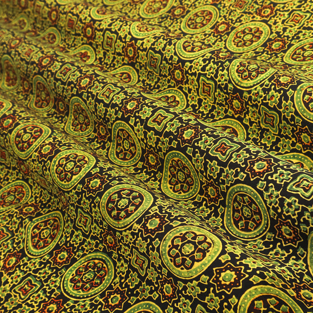 Charcoal Black and Yellow Motif Print Satin Silk Fabric
