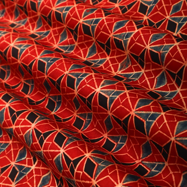 Scarlet Red and Blue Geometric Print Satin Silk Fabric