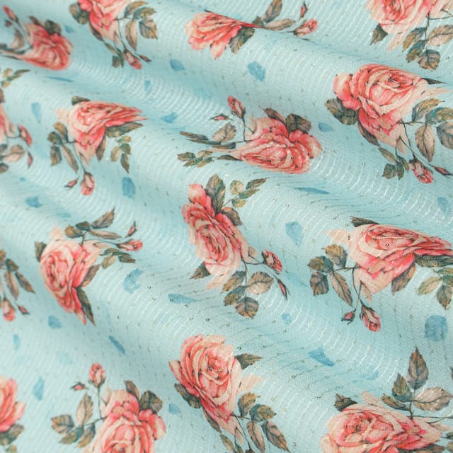 Aqua Blue Linen Floral Print Sequin Embroidery Fabric