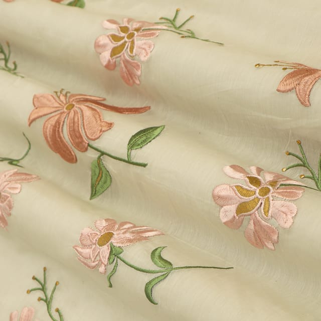 Mist White Cotton Chanderi Pink Floral Embroidery Fabric