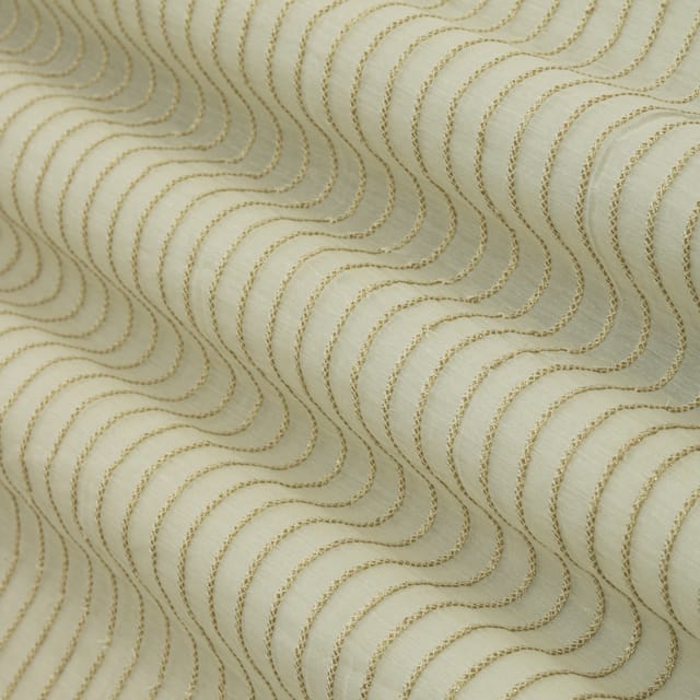 Pure White Chanderi Stripe Golden Threadwork Embroidery Fabric