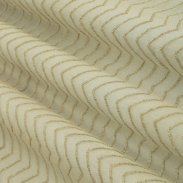 Frost White Chanderi Zigzak Stripe Golden Threadwork Embroidery Fabric
