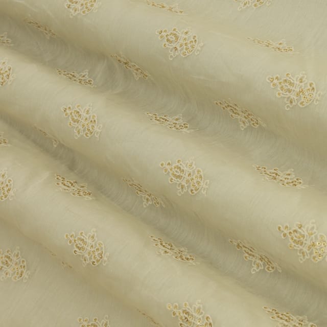 Alabaster White Chanderi Motif Threadwork Sequin Embroidery Fabric
