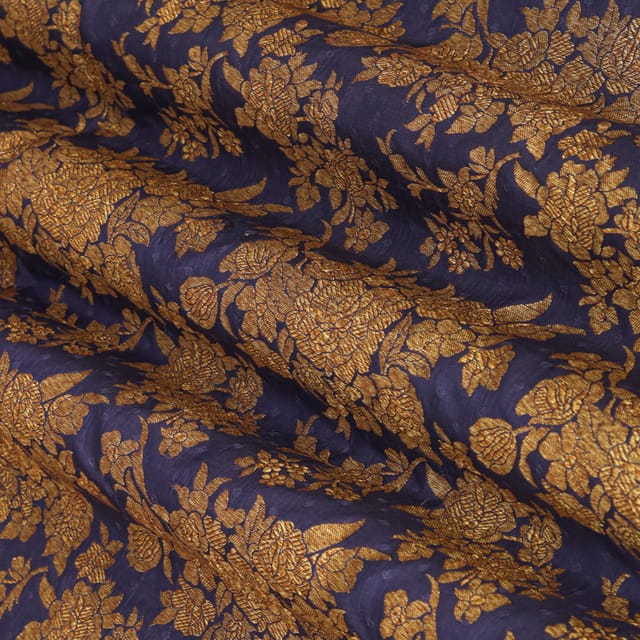 Royal Blue Brocade Motif Golden Zari Work Fabric