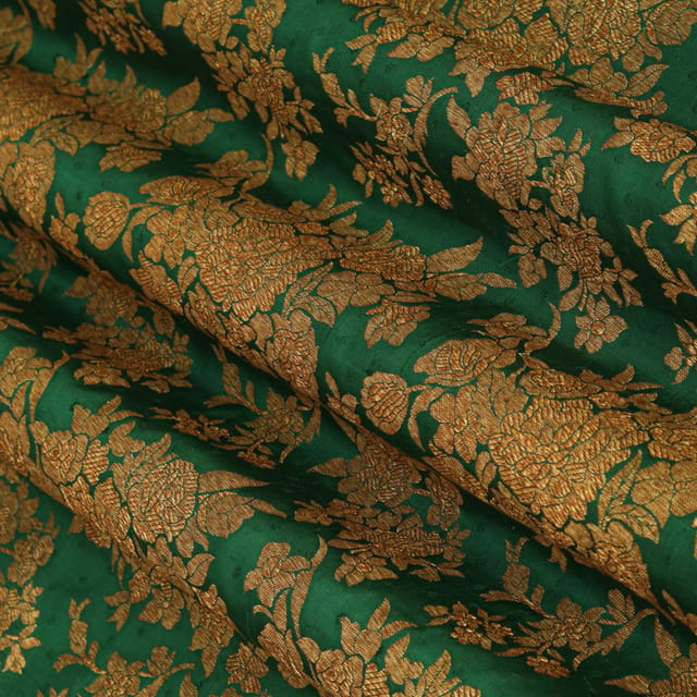 Forest Green Brocade Motif Golden Zari Work Fabric