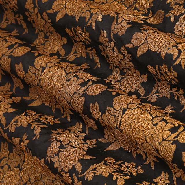 Raven Black Brocade Motif Golden Zari Work Fabric