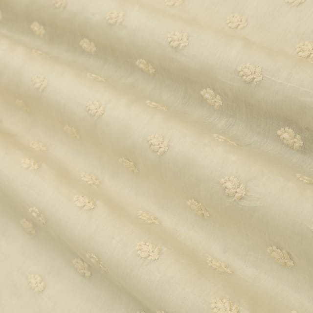 Floral White Chanderi Floral Threadwork Sequin Embroidery Fabric