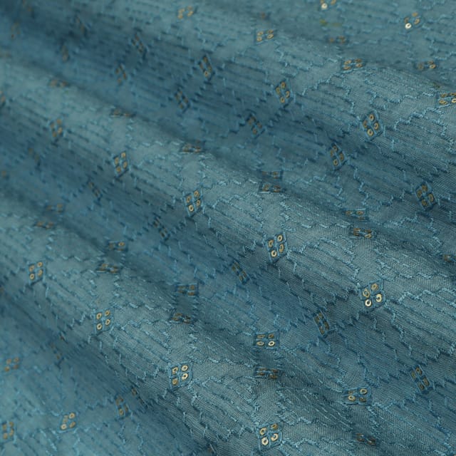 Dark Blue Linen Booti Sequin Embroidery Fabric