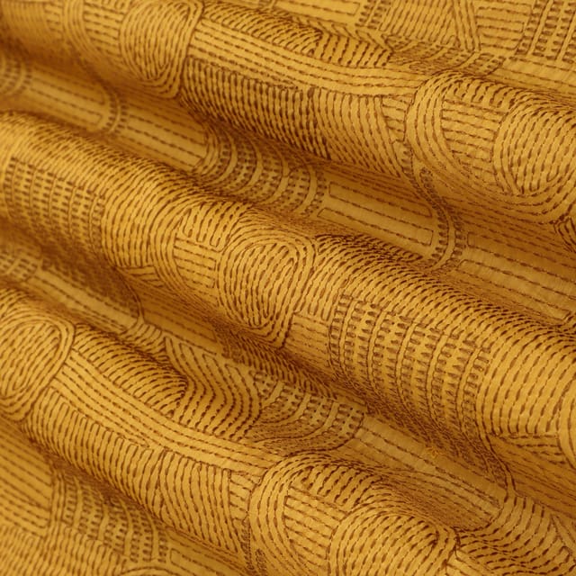 Yellow Cotton Silk Threadwork Embroidery Fabric