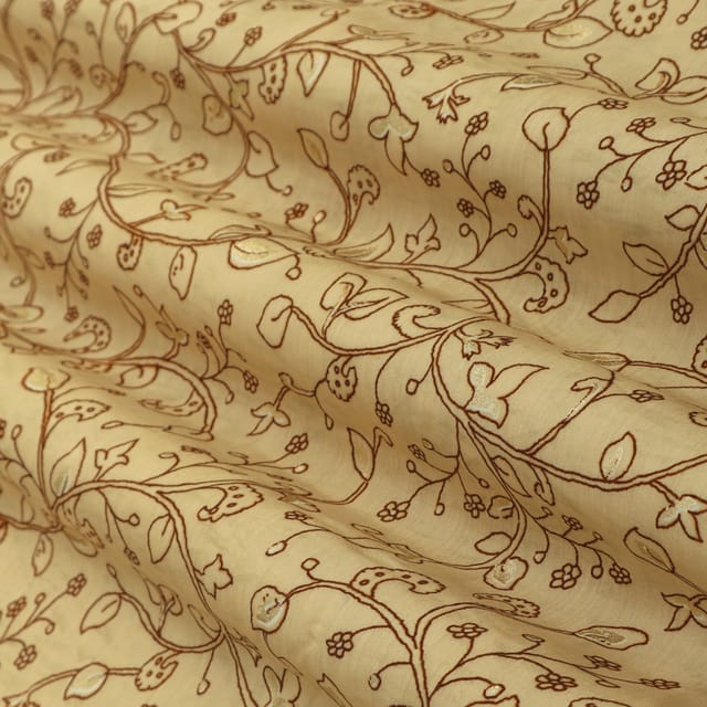 Ecru Brown Cotton Floral Silk Print Fabric