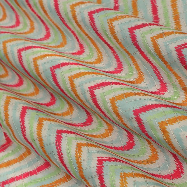 White & Pink Silk Chinon Zigzak Stripe Print Embroidery Fabric