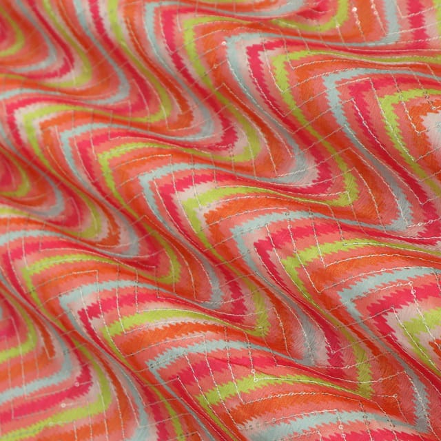 Multicolour Silk Chinon Zigzak Stripe Print Embroidery Fabric