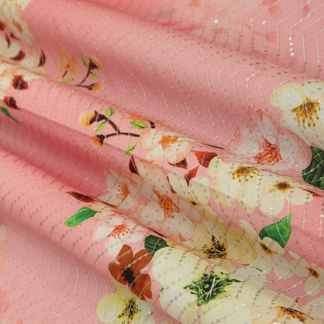 Blush Pink Silk Chinon Print Embroidery Fabric
