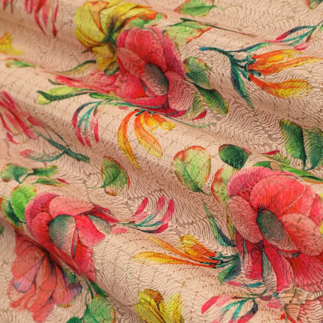 Baby Pink Kota Floral Print Threadwork Embroidery Fabric