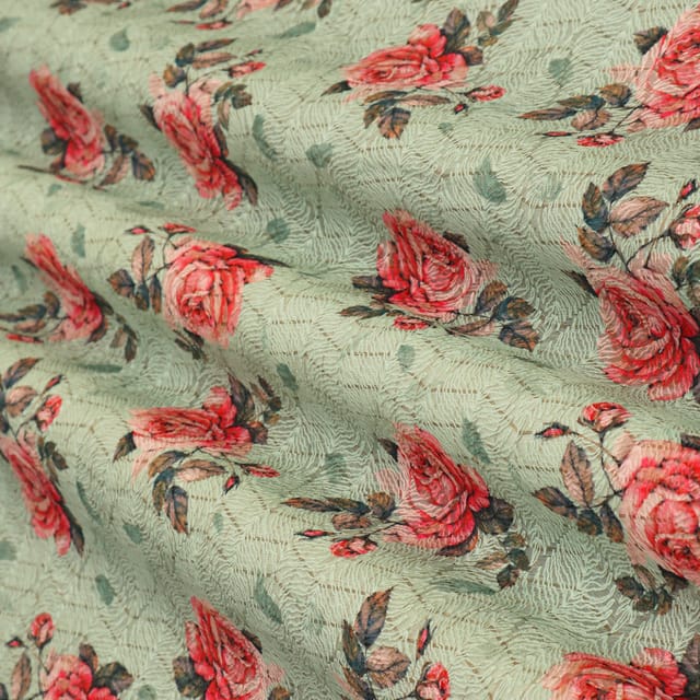 Mint Green Kota Floral Print Threadwork Embroidery Fabric