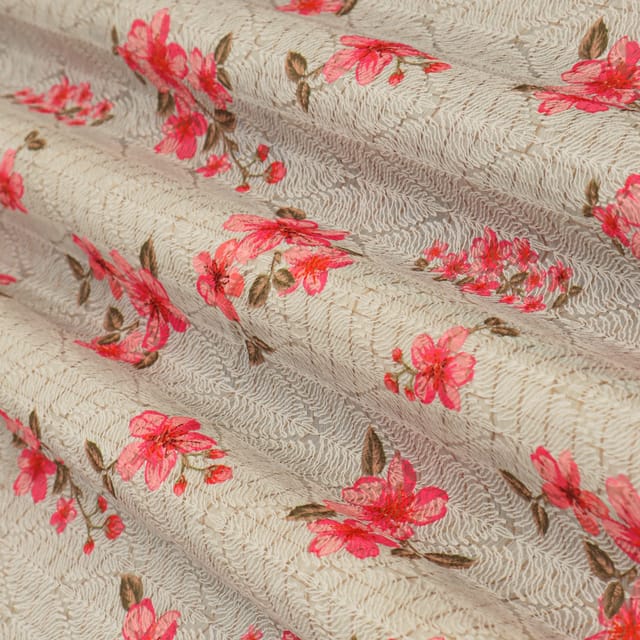Off White Kota Floral Print Threadwork Embroidery Fabric