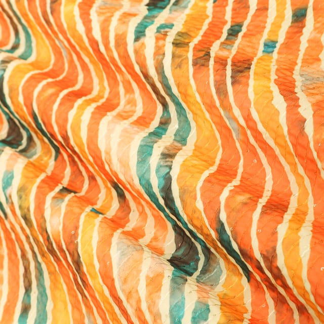 Tangerine Orange Multicoloured Stripe-Print Georgette Sequins Embroidery Fabric
