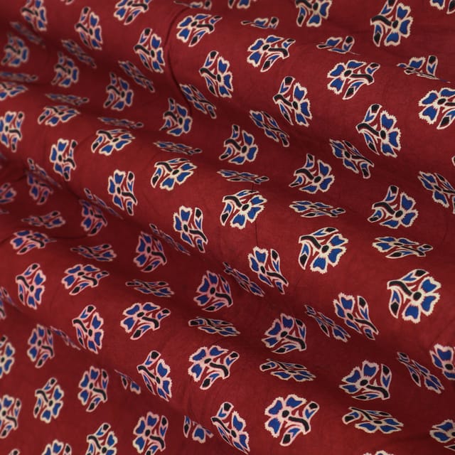 Brick Red Cotton Ajrak Floral Print Fabric