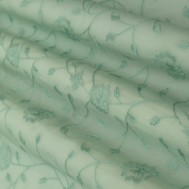 Cerulian Blue Organza Threadwork Floral Sequins Embroidery Fabric