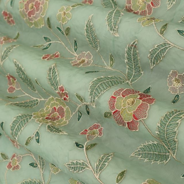 Sage Green Organza Threadwork Floral Sequins Embroidery Fabric