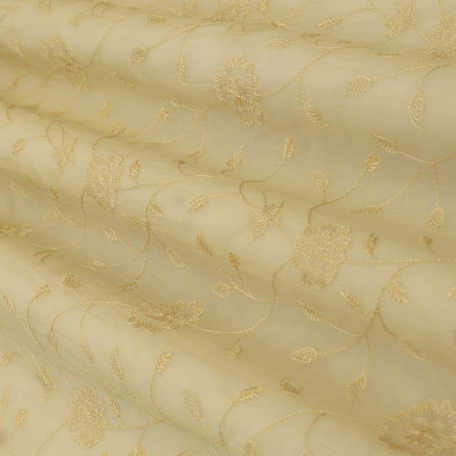 Light Goldenrod Yellow Organza Threadwork Floral Sequins Embroidery Fabric