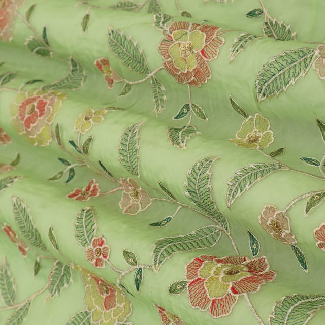 Pear Green Organza Threadwork Floral Sequins Embroidery Fabric