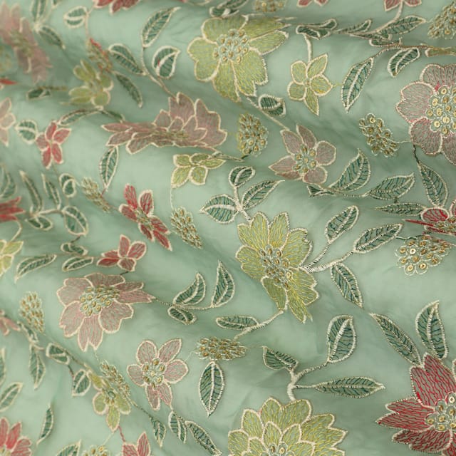Hunter Green Organza Threadwork Floral Sequins Embroidery Fabric