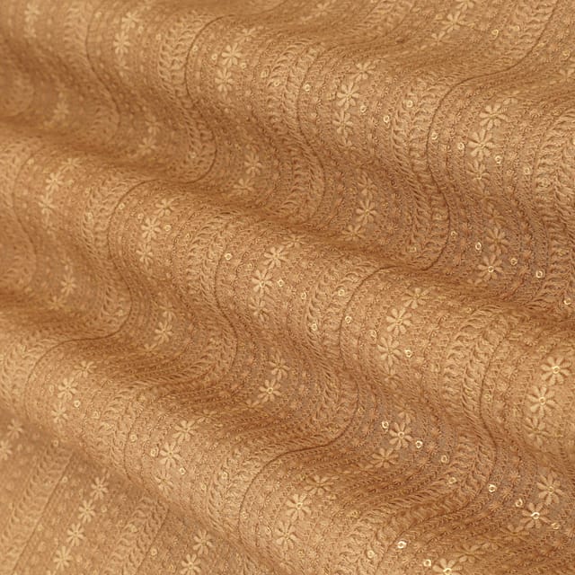 Tan Brown Chanderi Floral Threadwork Sequins Embroidery Fabric