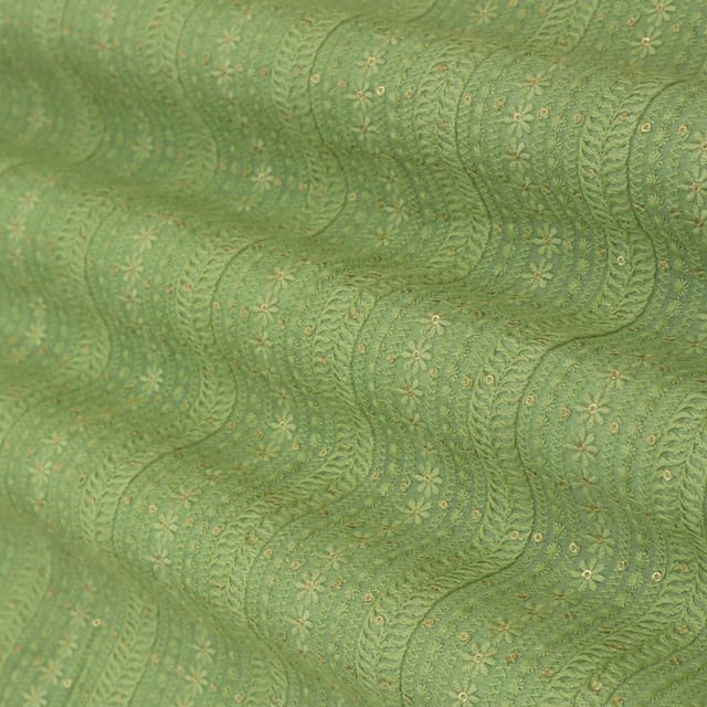 Mint Green Chanderi Floral Threadwork Sequins Embroidery Fabric
